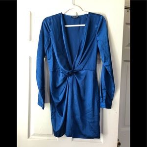 Blue Satin Dress with Deep V- Fashion Nova